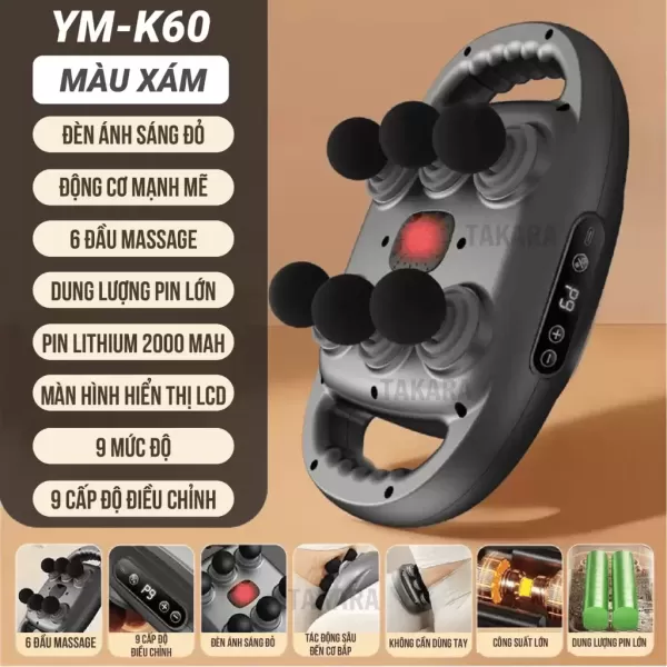 Hình ảnh sản phẩm Máy massage cầm tay 6 đầu, máy mát xa toàn thân Takara YM-K60 với 9 chế độ và 9 cấp độ điều chỉnh