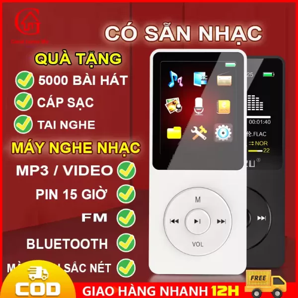 Hình ảnh sản phẩm Máy nghe nhạc mini mp3 phát và chơi nhạc mp4 kết nối bluetooth có màn hình lcd loa ngoài kèm thẻ nhớ tai nghe cáp sạc