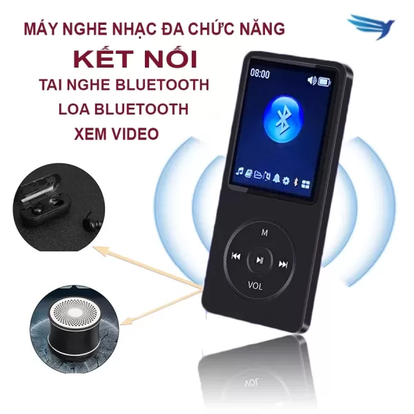 Hình ảnh sản phẩm Máy nghe nhạc mini mp3 phát và chơi nhạc mp4 kết nối bluetooth có màn hình lcd loa ngoài kèm thẻ nhớ tai nghe cáp sạc