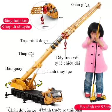 Mô hình xe cẩu hạng nặng 4 tầng bằng hợp kim nguyên khối kéo dài 97cm có 4 chân đỡ, 8 bánh xe gấp gọn mở rộng được 4