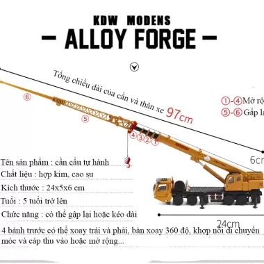 Mô hình xe cẩu hạng nặng 4 tầng bằng hợp kim nguyên khối kéo dài 97cm có 4 chân đỡ, 8 bánh xe gấp gọn mở rộng được 7
