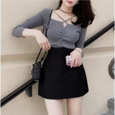 NITTY Váy ngắn nữ váy đen váy chữ A cạp cao phong cách Hàn Quốc