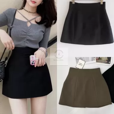 NITTY Váy ngắn nữ váy đen váy chữ A cạp cao phong cách Hàn Quốc