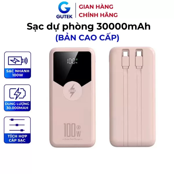 Hình ảnh sản phẩm Pin Sạc 30000mAh 20000mAh Gutek GT229 sạc nhanh 100W pin dung lượng lớn tích hợp dây cáp cho điện thoại