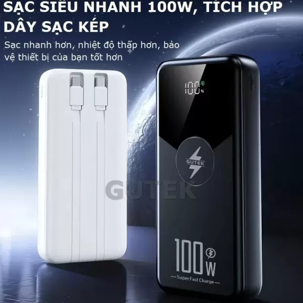 Hình ảnh sản phẩm Pin Sạc 30000mAh 20000mAh Gutek GT229 sạc nhanh 100W pin dung lượng lớn tích hợp dây cáp cho điện thoại