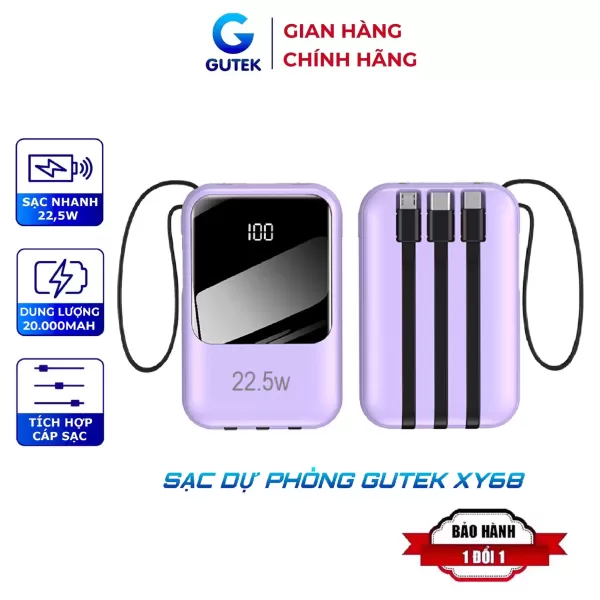 Hình ảnh sản phẩm Pin Sạc 30000mAh 20000mAh Gutek GT229 sạc nhanh 100W pin dung lượng lớn tích hợp dây cáp cho điện thoại
