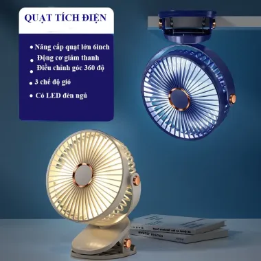 Quạt Mini Tích Điện Cầm Tay Kẹp Bàn Sạc Pin 5 Tốc Độ Có Đèn LED Xoay 360 Độ Giá Rẻ