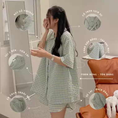 Set Đồ Ngủ Nữ ,Bộ Pijama CỔ REN Kẻ Caro Nhiều Màu Phong Cách Hàn Quốc 1 Set Đồ Ngủ Nữ ,Bộ Pijama CỔ REN Kẻ Caro Nhiều Màu Phong Cách Hàn Quốc 1