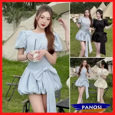 Set váy dáng bí phồng set đầm đi biển thiết kế bo chun eo gắn nơ lệch sang chảnh V282 PANOSI 1