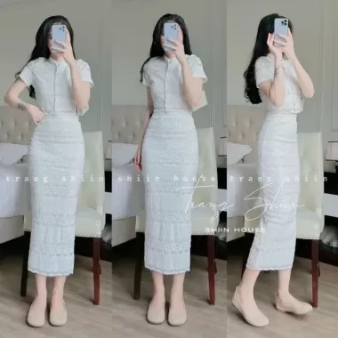 Set váy thời trang nữ mặc đi chơi chất borip cổ tròn tay ngắn crotop chân váy chữ A có dây thun dáng maxi siêu xinh