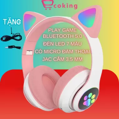 tai nghe bluetoth 5.0 mèo AKS-28 ECOKING,có micro trò chuyện,jăc cắm lúc hết pin,có đèn LED 7M,thẻ TF âm thanh nổi pin 1