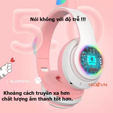 tai nghe bluetoth 5.0 mèo AKS-28 ECOKING,có micro trò chuyện,jăc cắm lúc hết pin,có đèn LED 7M,thẻ TF âm thanh nổi pin 4