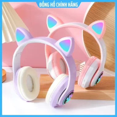 tai nghe bluetoth 5.0 mèo AKS-28 ECOKING,có micro trò chuyện,jăc cắm lúc hết pin,có đèn LED 7M,thẻ TF âm thanh nổi pin 5