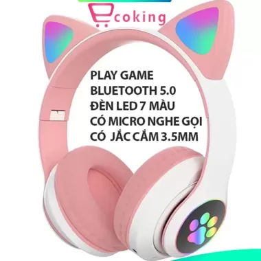 tai nghe bluetoth 5.0 mèo AKS-28 ECOKING,có micro trò chuyện,jăc cắm lúc hết pin,có đèn LED 7M,thẻ TF âm thanh nổi pin 7