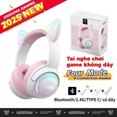 Tai Nghe Chụp Tai Mèo Không Dây Có Mic ONIKUMA B90 Màu Hồng Bluetooth Headphone Gaming Đèn RGB Cho PC Laptop điện thoại