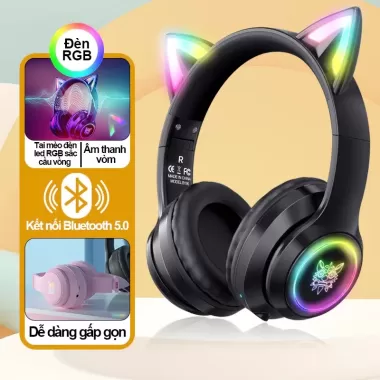 Tai Nghe Chụp Tai Mèo Không Dây Có Mic ONIKUMA B90 Màu Hồng Bluetooth Headphone Gaming Đèn RGB Cho PC Laptop điện thoại