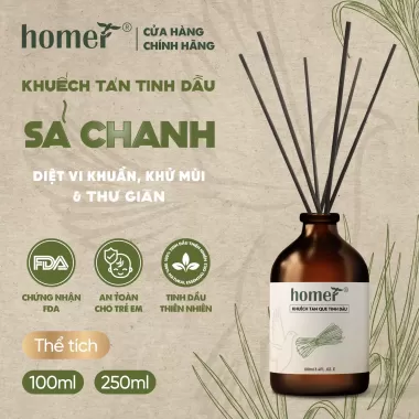 Tinh dầu thơm phòng Sả chanh khuếch tán dạng que gỗ thiên nhiên HOMER dung tích 100ml/250ml - Thơm suốt 600 giờ, khử mùi Tinh dầu thơm phòng Sả chanh khuếch tán dạng que gỗ thiên nhiên HOMER dung tích 100ml/250ml - Thơm suốt 600 giờ, khử mùi