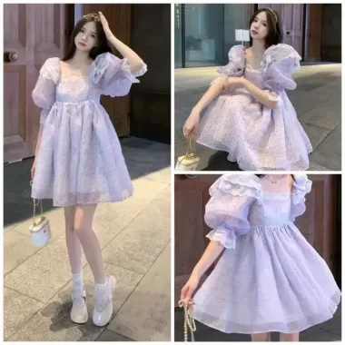 Váy Bo Thun Ngực Babydoll Vải Họa Tiết Chắp Vá Dễ Thương 2024