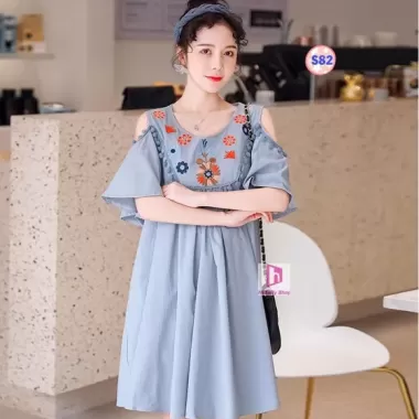 Váy Bo Thun Ngực Babydoll Vải Họa Tiết Chắp Vá Dễ Thương 2024