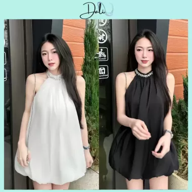 Váy 2 Dây Cổ Yếm Màu Đen Có Mút Ngực, Đầm Nữ Đi Biển Xinh Xắn