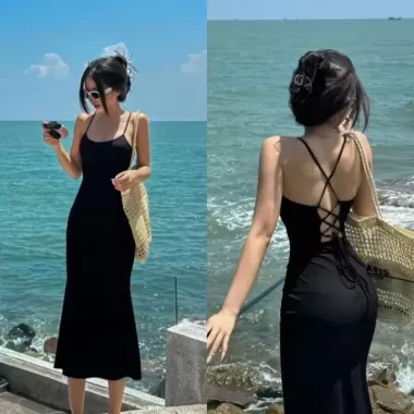 Váy 2 Dây Cổ Yếm Màu Đen Có Mút Ngực, Đầm Nữ Đi Biển Xinh Xắn