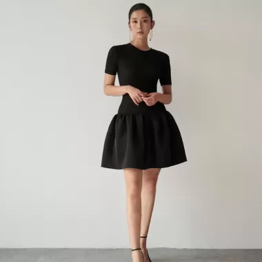 Váy đầm nữ, váy thun tăm cộc tay cổ tròn chân xòe phối Tafta lụa dáng ngắn kiểu dáng trẻ trung, năng động 7
