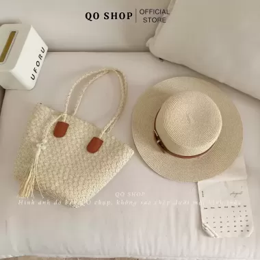 [XẢ HÀNG]Combo Túi Mũ Cói Đi Biển Phối Đai Da Phong Cách Hàn Quốc Nón Cói Che Nắng Đi Chơi Đi Du Lịch T17M17 QO SHOP 4