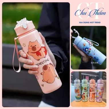 Bình Nước Cappybara Cho Bé Đi Học 800ml Giá Rẻ Chỉ 29000đ Có Quai Xách Tiện Lợi