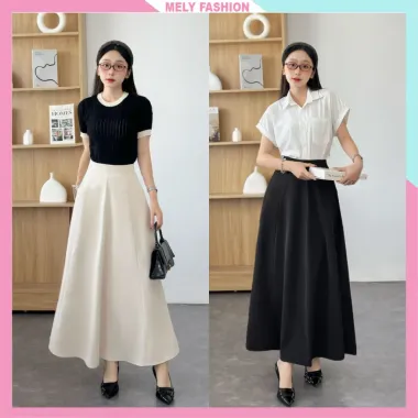Chân váy dài 90cm dáng suông chữ A chắp 8 mảnh cạp cao che bụng tốt tôn dáng có túi 2 bên có bigsize CV02B
