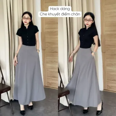 Chân váy dài 90cm dáng suông chữ A chắp 8 mảnh cạp cao che bụng tốt tôn dáng có túi 2 bên có bigsize CV02B