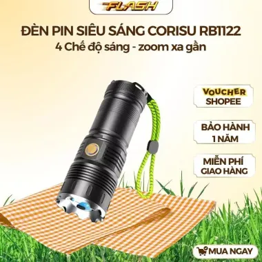 Đèn pin siêu sáng cầm tay CORISU RB1122 zoom xa gần, chiếu xa 500m, chống nước, sạc ngược điện thoại Đèn pin siêu sáng cầm tay CORISU RB1122 zoom xa gần, chiếu xa 500m, chống nước, sạc ngược điện thoại