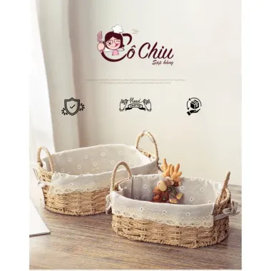 Giỏ Mây Đựng Mỹ Phẩm, Picnic - Lót Vải Hình Bầu Dục CÓ QUAI Decor Vintage Giá Tốt 112k 1