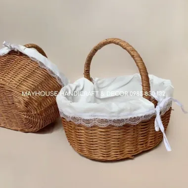 Giỏ Mây Đựng Mỹ Phẩm, Picnic - Lót Vải Hình Bầu Dục CÓ QUAI Decor Vintage Giá Tốt 112k 4