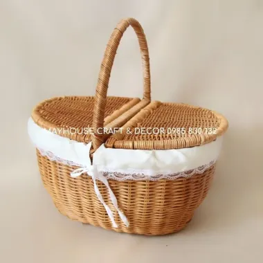 Giỏ Mây Đựng Mỹ Phẩm, Picnic - Lót Vải Hình Bầu Dục CÓ QUAI Decor Vintage Giá Tốt 112k 6