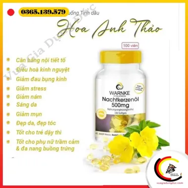 Tinh Dầu Hoa Anh Thảo Warnke Nachtkerzenöl 500mg Hỗ Trợ Cân Bằng Nội Tiết Tố Nữ, Giảm Đau Bụng Kinh Và Hỗ Trợ Làm Đẹp Da