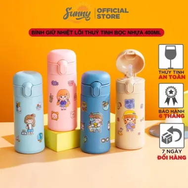 Bình nước giữ nhiệt 400ml có ống hút tặng kèm Sticker chất liệu lõi thủy tinh bọc nhựa cách nhiệt BN23
