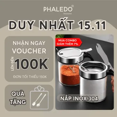 Lọ gia vị thuỷ tinh borosilicate cao cấp và an toàn, nắp phẳng bật kèm muỗng bằng inox 304 PHALEDO P-0328