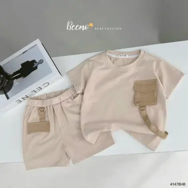 [BEEMO] Set quần áo MÀU NÂU cộc tay cổ tròn phối túi HIPHOP co giãn cho bé trai 1-7 tuổi 2
