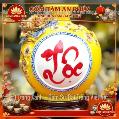 Bình Hút Lộc Chữ Lộc Dát Vàng Bát Tràng - Tài Lộc Phong Thuỷ Cho Thần Tài 4