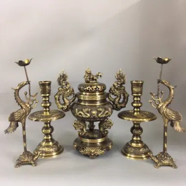 Bộ Đỉnh Thờ Lư Thờ Bằng Đồng Nguyên Chất Hun Màu Giả Cổ Cao Cấp F34 Tam Sự Ngũ Sự - Đại Bái 555 5