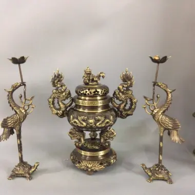 Bộ Đỉnh Thờ Lư Thờ Bằng Đồng Nguyên Chất Hun Màu Giả Cổ Cao Cấp F34 Tam Sự Ngũ Sự - Đại Bái 555 9