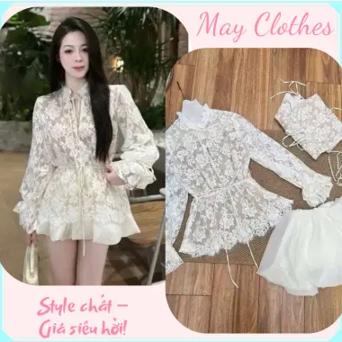 Bộ hè nữ áo ren trắng dài tay phối chân váy ngắn voan, set đồ nữ cao cấp hanh lịch nữ tính sang chảnh HCOM25855 2