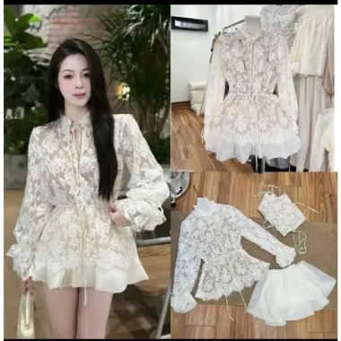 Bộ hè nữ áo ren trắng dài tay phối chân váy ngắn voan, set đồ nữ cao cấp hanh lịch nữ tính sang chảnh HCOM25855 3
