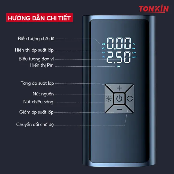 Hình ảnh sản phẩm Bơm Lốp Ô Tô Tự Động Tonkin 120W Màn Hình Kép Giá Rẻ Chỉ 389k