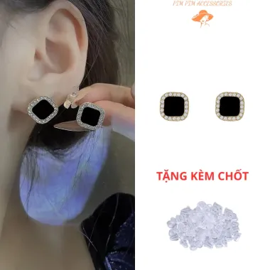 Bông Tai Nữ Đính Đá Viền Vuông Sang Trọng, Nền Đen Quý Phái, Phụ Kiện Thời Trang Dự Tiệc, Đi Chơi 1