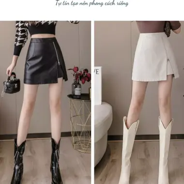Chân váy da KiTa Shop chữ A khoá kéo xẻ tà trước có quần bảo hộ phong cách Hàn Quốc trẻ trung năng động