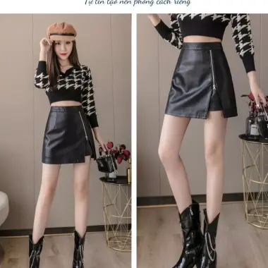 Chân váy da KiTa Shop chữ A khoá kéo xẻ tà trước có quần bảo hộ phong cách Hàn Quốc trẻ trung năng động
