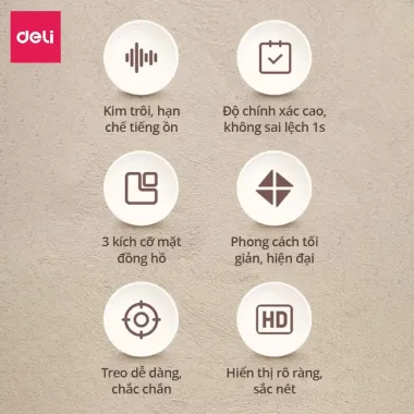Đồng hồ treo tường minimalism Deli không ồn giá rẻ chỉ 189k trang trí phòng khách hiện đại