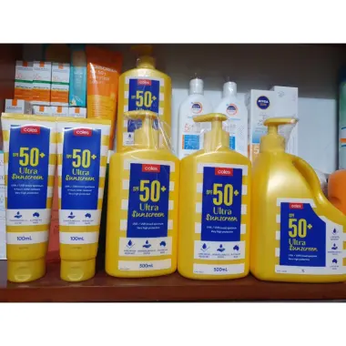Mã giảm thêm 25k live =>ib. Kem Chống Nắng cho cả gia đình Coles Ultra Sunscreen SPF50+, 3 Can 1l-500ml-200ml-100ml 4