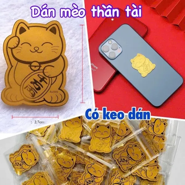 Hình ảnh sản phẩm Miếng Dán Mèo Thần Tài Mạ Vàng 24K - Sỉ 100c - Dán Điện Thoại, Ví, Ưu Đãi 95.000Đ